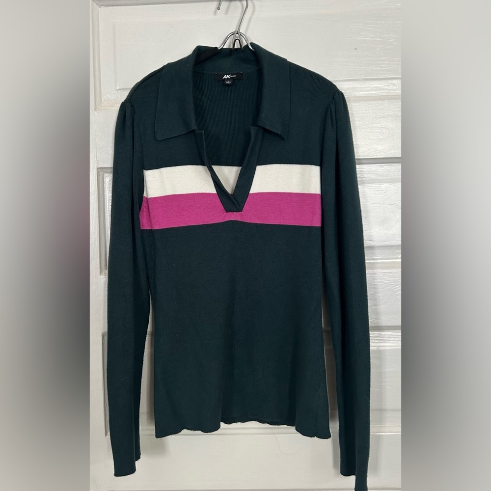 AK Sport Deep Green Sweater with Pink and White Stripes, size L